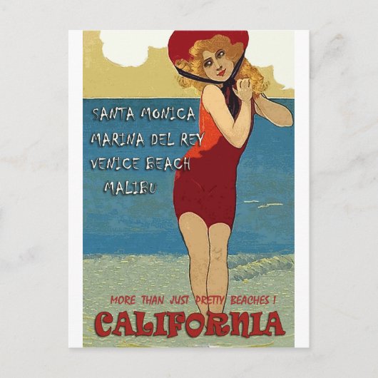 カリフォルニアのビーチ、赤い水着の女性 ポストカード (正面)