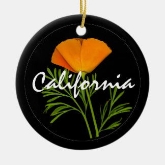 カリフォルニアのポピーとブラック"カリフォルニア"の文字 セラミックオーナメント