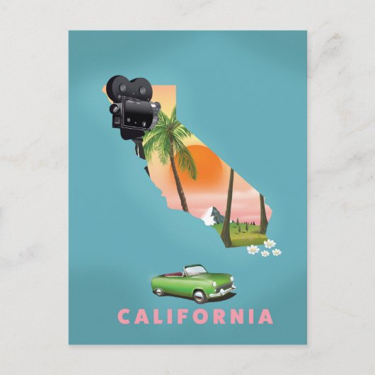 カリフォルニアの図解入りの、写真付きの地図ポスター ポストカード (正面)