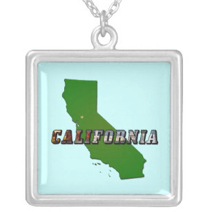 カリフォルニアの地図と写真文字 シルバープレートネックレス