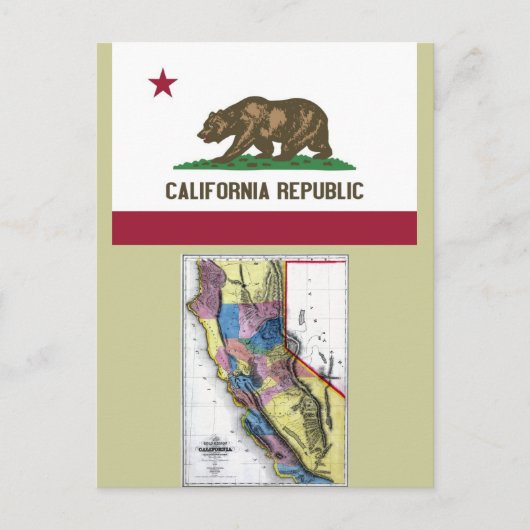 カリフォルニアの地図と州旗 ポストカード (正面)