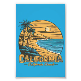 カリフォルニアの夕日が沈むビーチのレトロシーン フォトプリント           