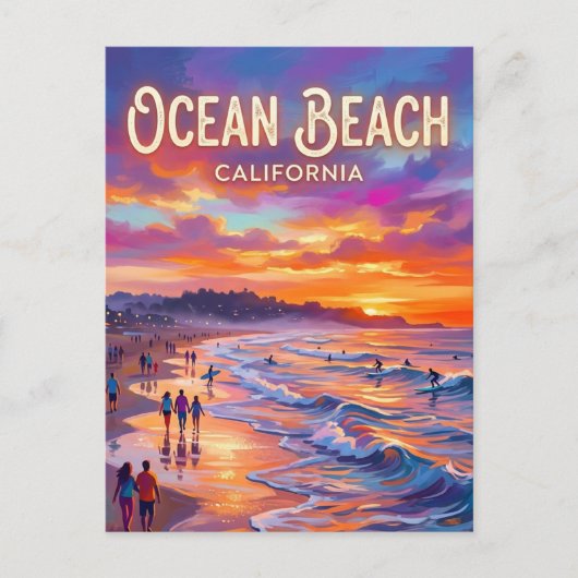 カリフォルニアの日の入り時のオーシャンビーチ ポストカード (正面)