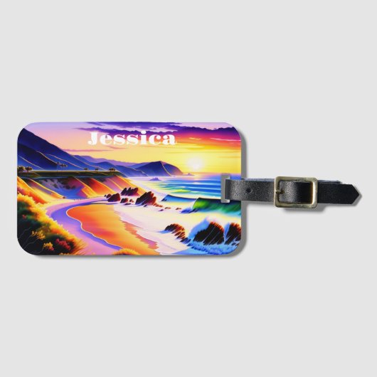 カリフォルニアの海岸線の夕日パーソナライズされた ラゲッジタグ (正面横)