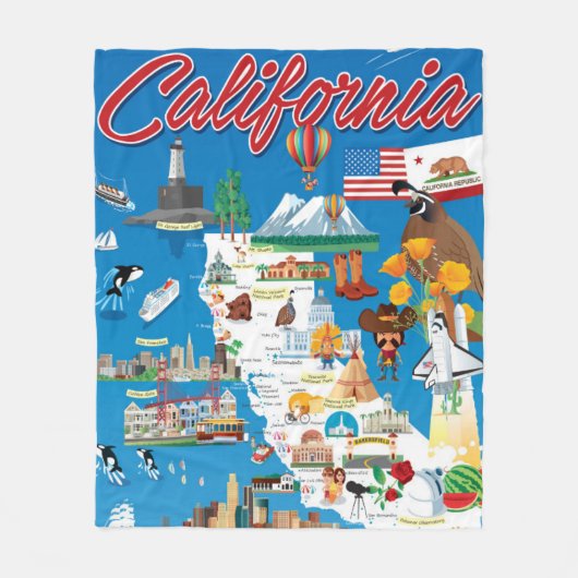 カリフォルニアの漫画の地図 フリースブランケット (正面)