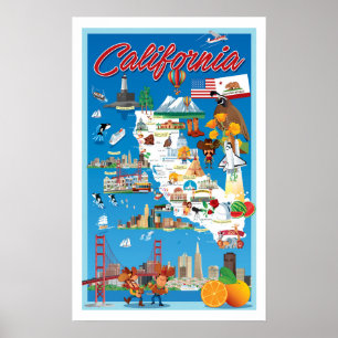 カリフォルニアの漫画の地図 ポスター