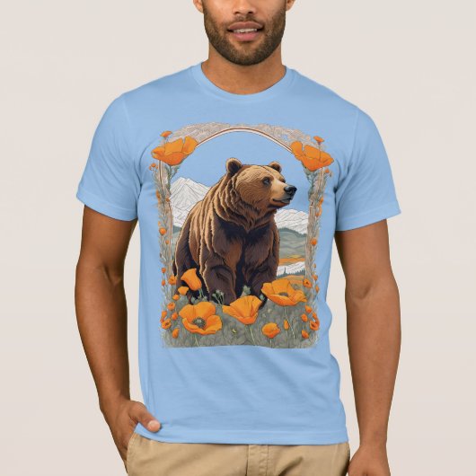 カリフォルニアの熊とポピー Tシャツ (正面)