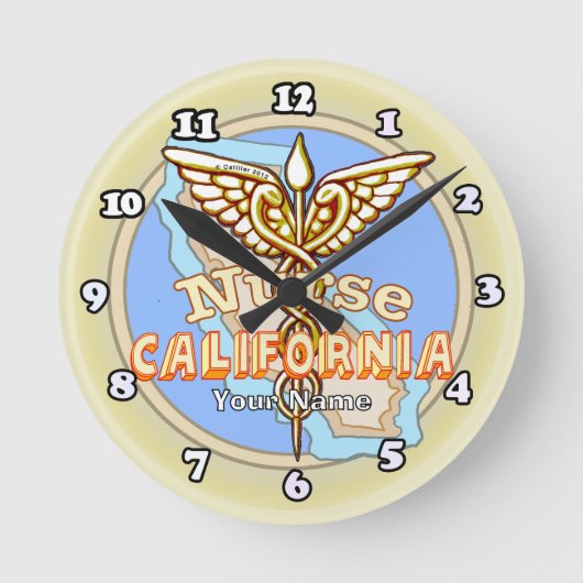 カリフォルニアの看護師のカドゥケウス ラウンド壁時計 (正面)