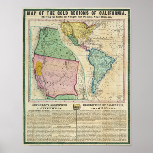 カリフォルニアの金ゴールド地域の地図 ポスター (正面)