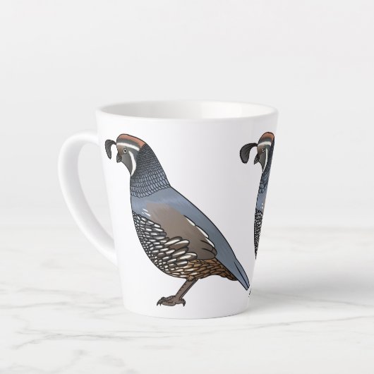 カリフォルニアウズラの鳥の漫画イラストレーション カフェラテマグ (左アングル)