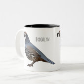 カリフォルニアウズラの鳥の漫画イラストレーション ツートーンマグカップ (正面左)