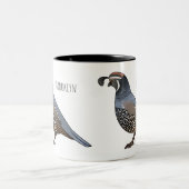 カリフォルニアウズラの鳥の漫画イラストレーション ツートーンマグカップ (中央)