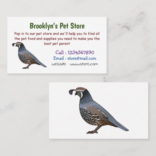 カリフォルニアウズラの鳥の漫画イラストレーション 名刺 (正面/裏面)