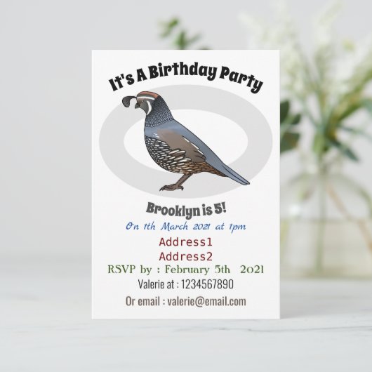 カリフォルニアウズラの鳥の漫画イラストレーション 招待状 (スタンド正面)