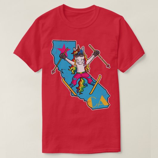 カリフォルニアスキースキーユニコーンレトロかわいい Tシャツ (デザイン正面)