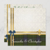 カリフォルニアタータンチェック及び金ゴールドのリボンの白のダマスク織 招待状 (正面/裏面)