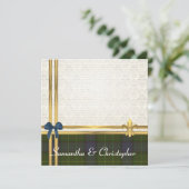 カリフォルニアタータンチェック及び金ゴールドのリボンの白のダマスク織 招待状 (スタンド正面)