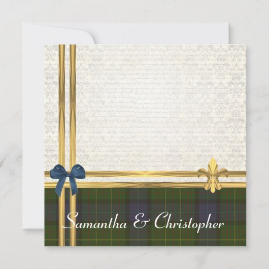 カリフォルニアタータンチェック及び金ゴールドのリボンの白のダマスク織 招待状 (正面)