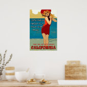 カリフォルニアビーチ、赤い水着の女性 ポスター (キッチン)