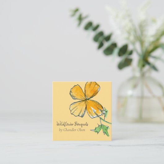 カリフォルニアポピズワイルドフラワーウォーター色オレンジ スクエア名刺 (スタンド正面)