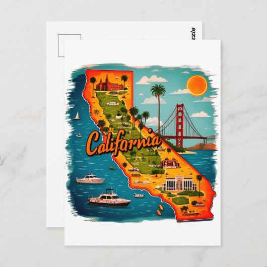 カリフォルニアランドマークス地図イラストレーション-レトロ旅行 ポストカード (正面/裏面)