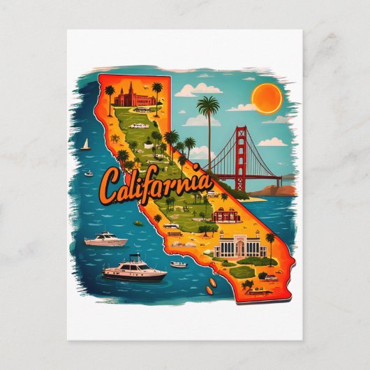 カリフォルニアランドマークス地図イラストレーション-レトロ旅行 ポストカード (正面)