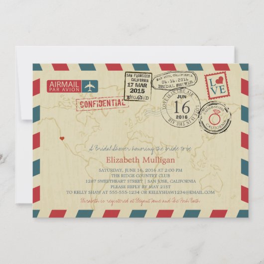 カリフォルニアワールドトラベラーエアメールブライダルシャワー 招待状 (正面)