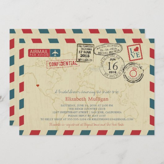 カリフォルニアワールドトラベラーエアメールブライダルシャワー 招待状 (正面/裏面)