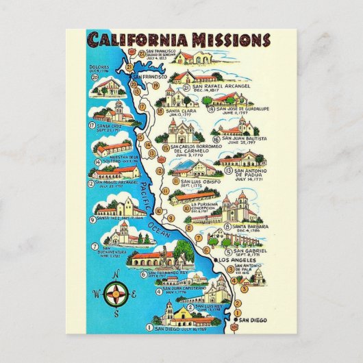 カリフォルニア伝道所地図 ポストカード (正面)