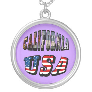 カリフォルニア写真と米国国旗の文字 シルバープレートネックレス