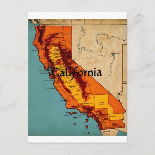 カリフォルニア地図イラスト ポストカード (正面)