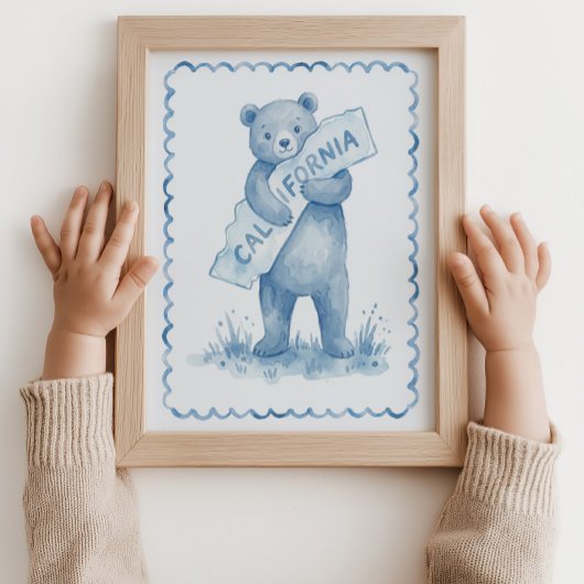 カリフォルニア地図 クマのぬいぐるみ ブルー 壁アート ポスター