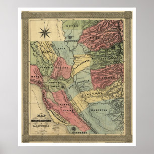 カリフォルニア地図- 1851年の採鉱 ポスター