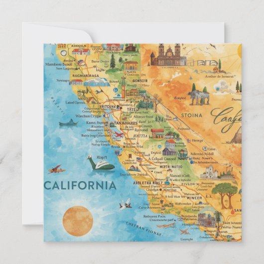 カリフォルニア州のイラスト入り水彩地図アート シーズンカード (正面)