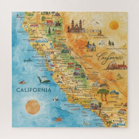 カリフォルニア州のイラスト入り水彩地図アート ジグソーパズル (縦)