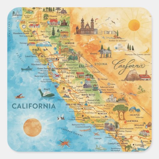 カリフォルニア州のイラスト入り水彩地図アート スクエアシール (正面)