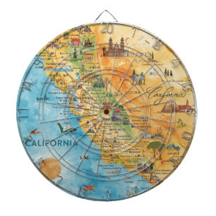 カリフォルニア州のイラスト入り水彩地図アート ダーツボード