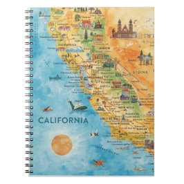 カリフォルニア州のイラスト入り水彩地図アート ノートブック