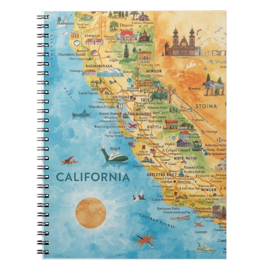 カリフォルニア州のイラスト入り水彩地図アート ノートブック (正面)