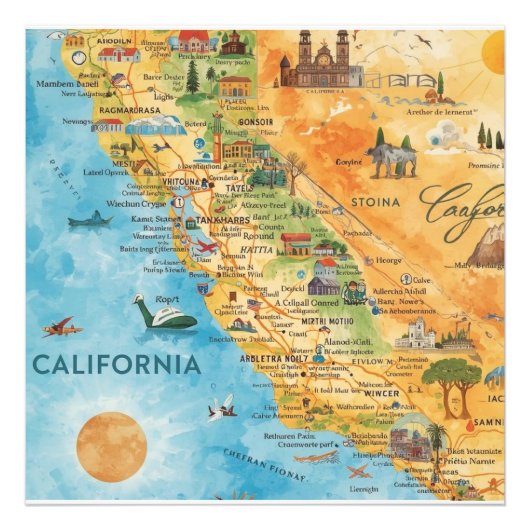 カリフォルニア州のイラスト入り水彩地図アート フォトプリント (正面)
