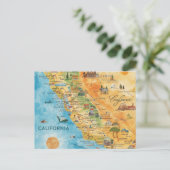カリフォルニア州のイラスト入り水彩地図アート ポストカード (スタンド正面)