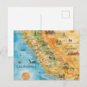 カリフォルニア州のイラスト入り水彩地図アート ポストカード (正面/裏面)
