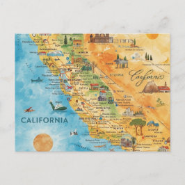 カリフォルニア州のイラスト入り水彩地図アート ポストカード
