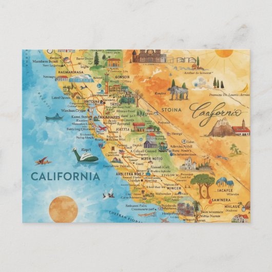 カリフォルニア州のイラスト入り水彩地図アート ポストカード (正面)