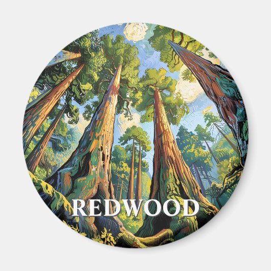 カリフォルニア州のレッドウッド国立公園の森の絵画 マグネット (正面)