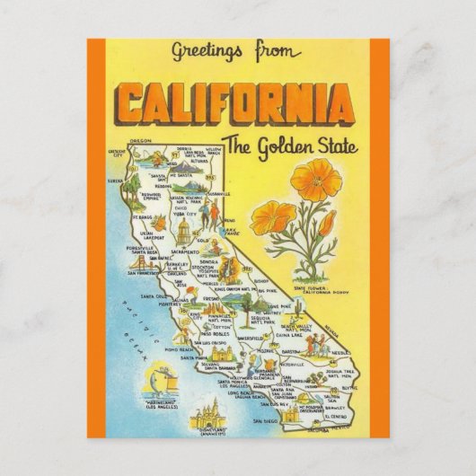 カリフォルニア州のレトロ地図 ポストカード (正面)