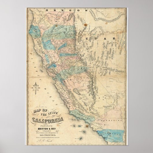 カリフォルニア州の地図 ポスター (正面)