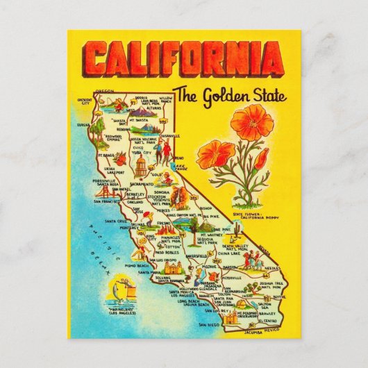 カリフォルニア州の地図 レトロデザイン ポストカード (正面)