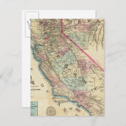 カリフォルニア州の地形鉄道と郡地図 ポストカード (正面/裏面)
