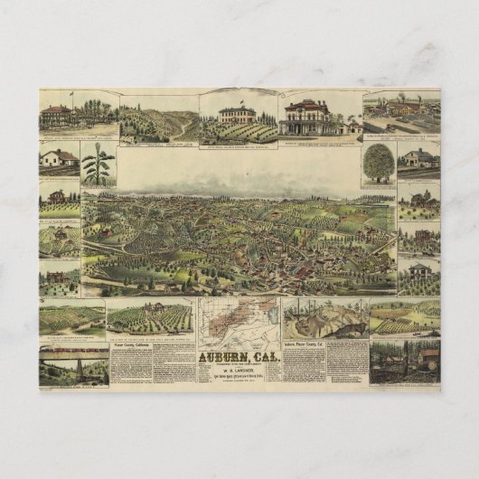 カリフォルニア州オーバーンの空中写真(1887年) ポストカード (正面)